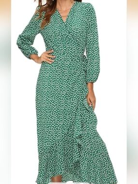 Green And White Floral Wrap Dress Size Large